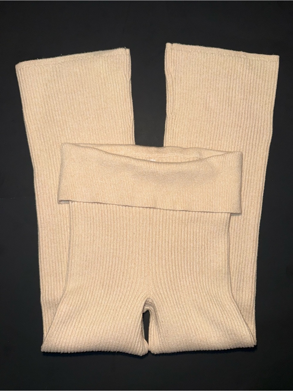 aerie Ribbed Fold-Over Waist Wide-Leg Pants - Cream